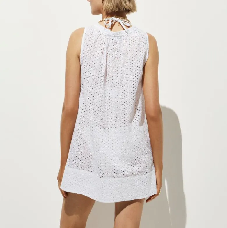 Ruffle-trim scoopneck eyelet mini dress