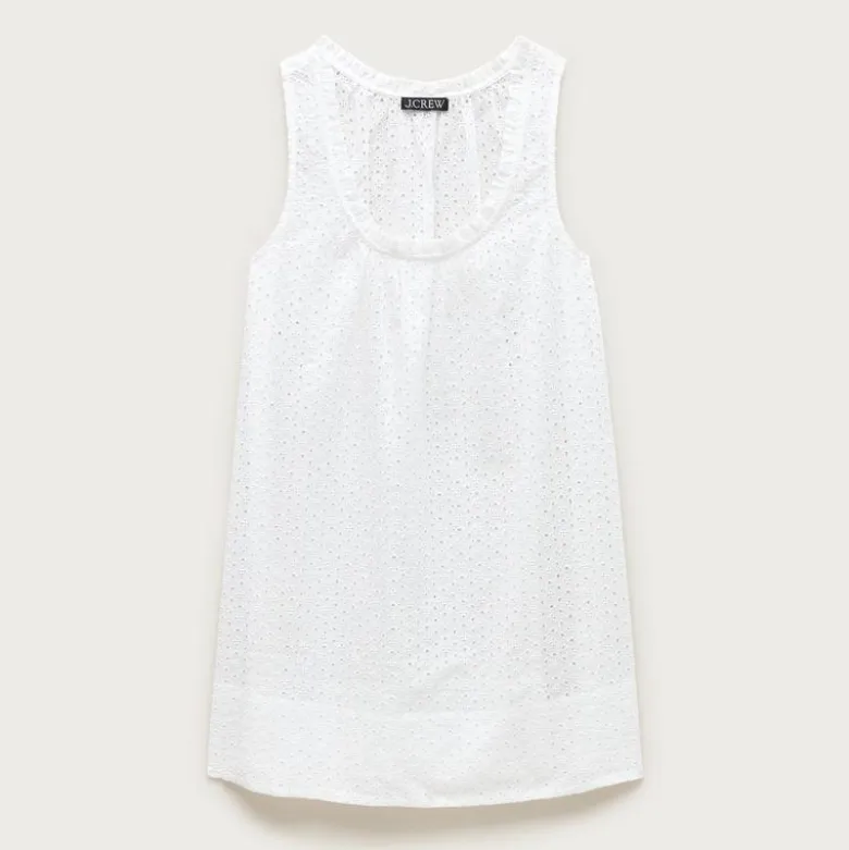Ruffle-trim scoopneck eyelet mini dress