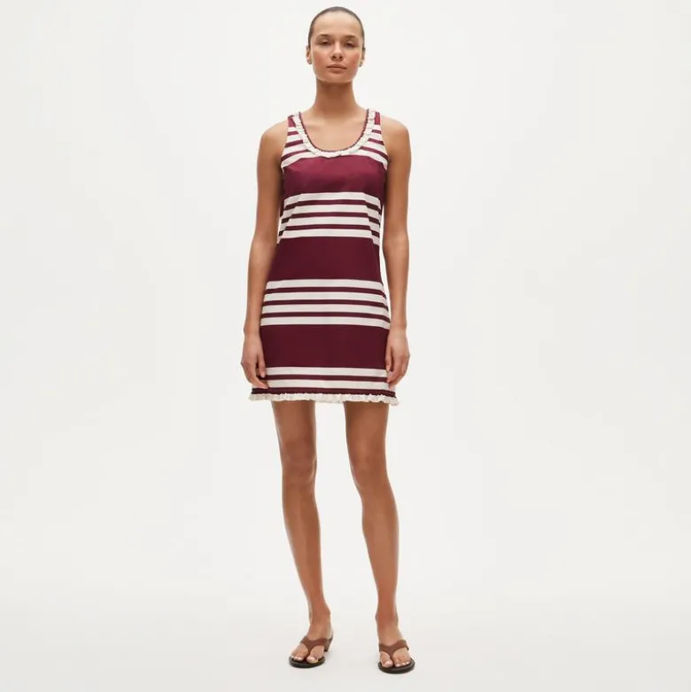 Ruffle-trim scoopneck mini dress in stripe