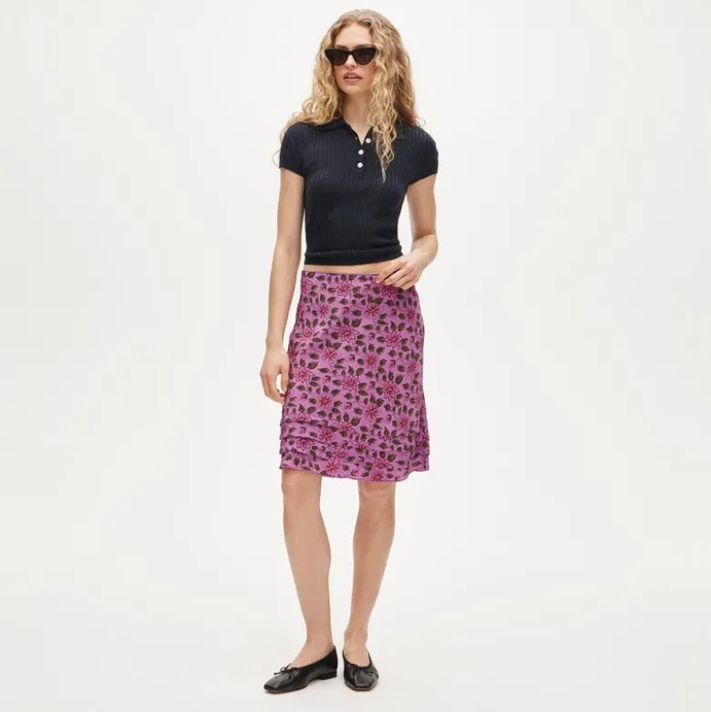 Ruffle-trim slip skirt in floral crepe de chine