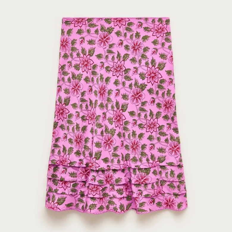 Ruffle-trim slip skirt in floral crepe de chine