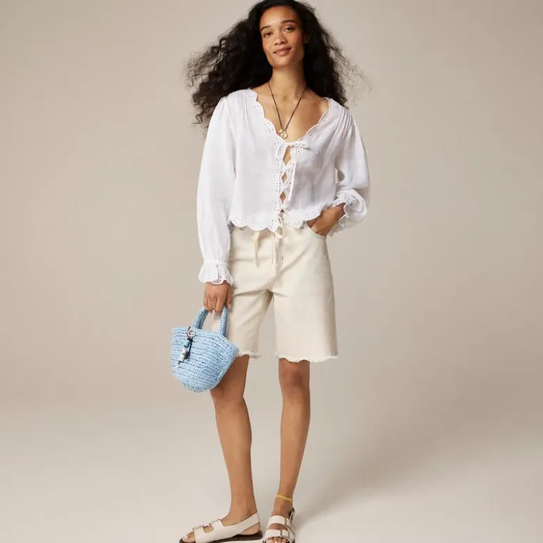 Scallop-trim tie-front top in ramie