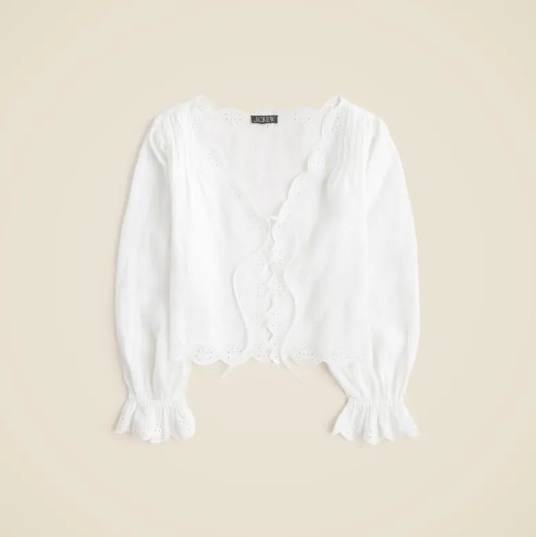 Scallop-trim tie-front top in ramie