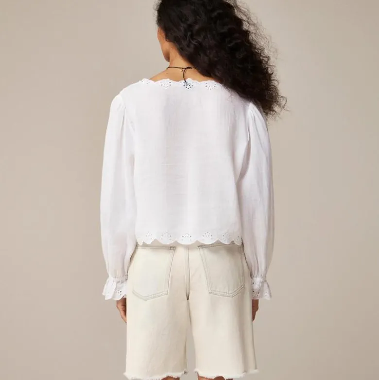 Scallop-trim tie-front top in ramie