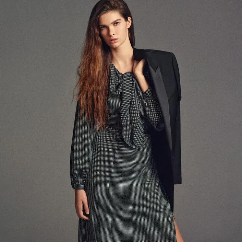 Scarf-neck midi shift dress
