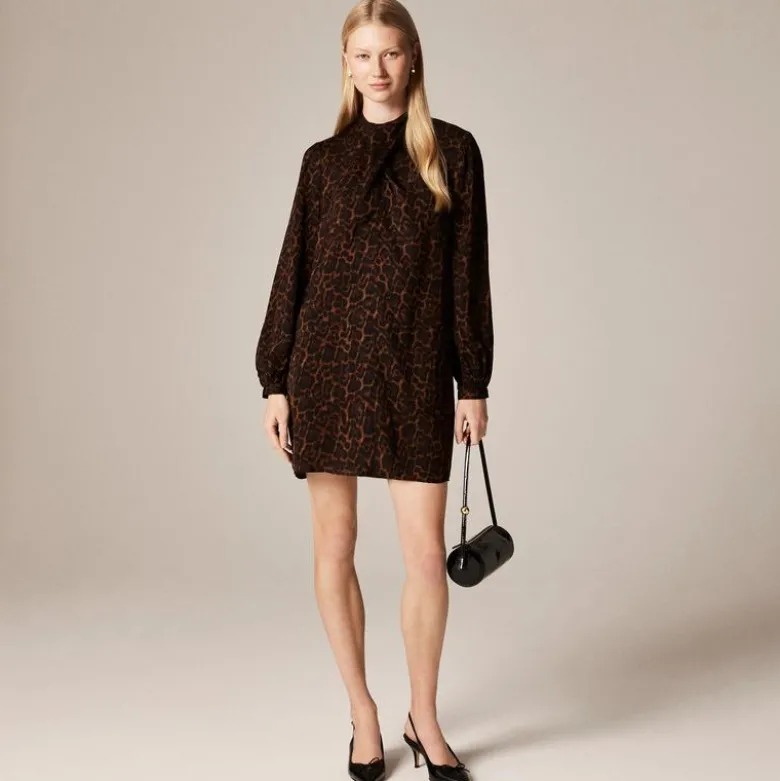 Scarf-neck shift dress in leopard print