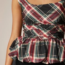 Scoopneck bubble-hem tank top in tartan