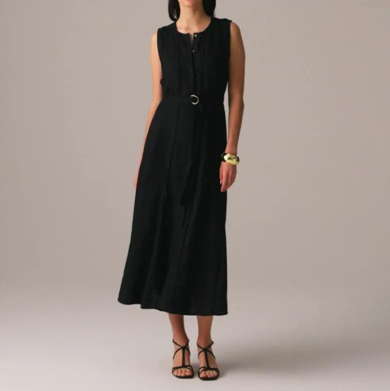 Seamed linen dress with removable belt