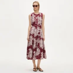 Seamed linen dress with removable belt in pineapple garden print