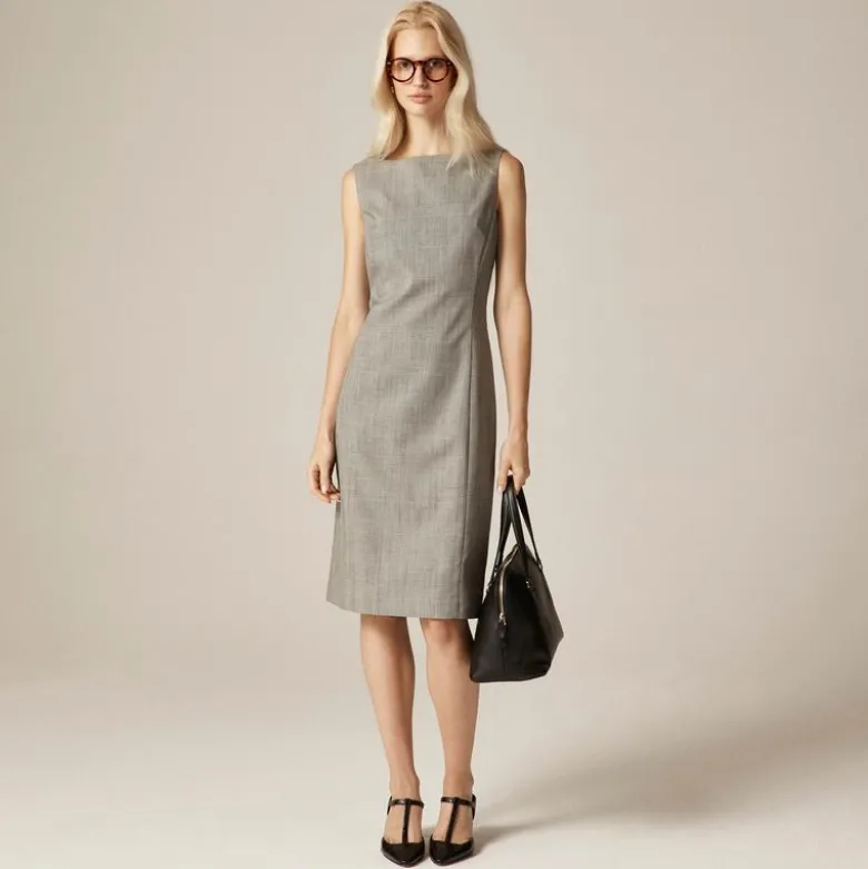 Seamed shift dress in glen plaid Italian gauzy wool blend