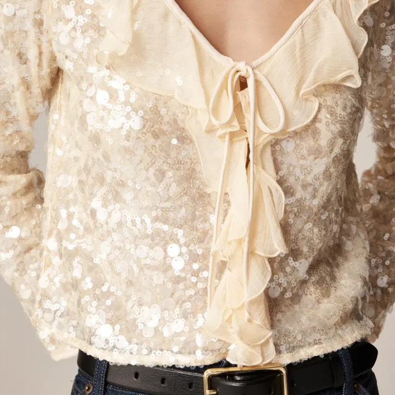 Sequin ruffle-trim shirt with ties