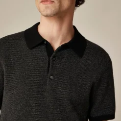 Short-sleeve cashmere sweater-polo in bird's-eye