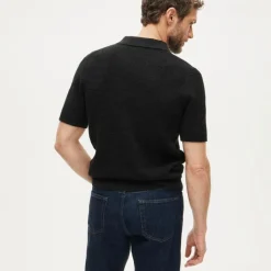 Short-sleeve cotton waffle-knit johnny-collar sweater-polo