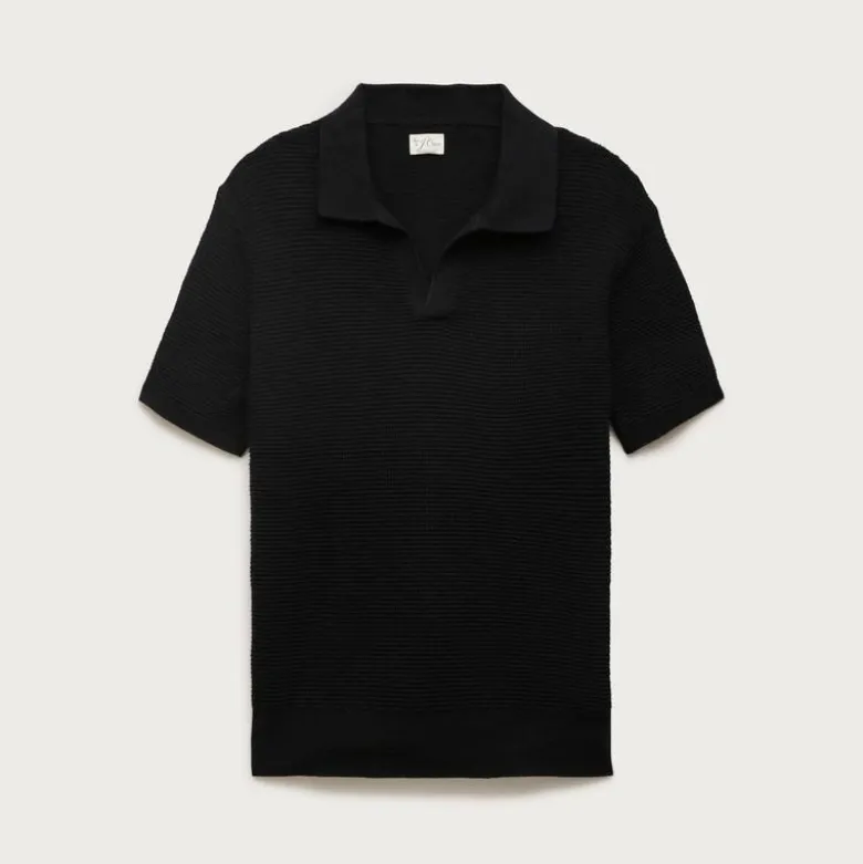 Short-sleeve cotton waffle-knit johnny-collar sweater-polo