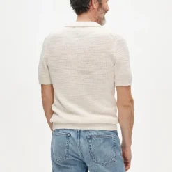 Short-sleeve cotton waffle-knit johnny-collar sweater-polo
