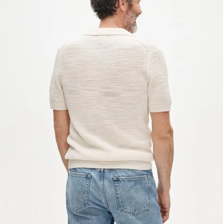 Short-sleeve cotton waffle-knit johnny-collar sweater-polo