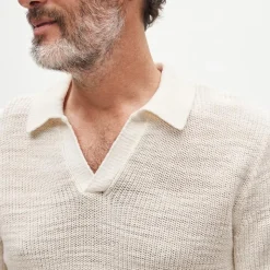 Short-sleeve cotton waffle-knit johnny-collar sweater-polo