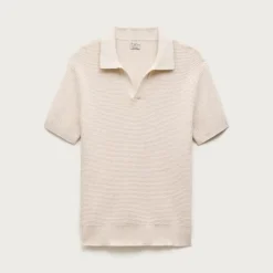 Short-sleeve cotton waffle-knit johnny-collar sweater-polo