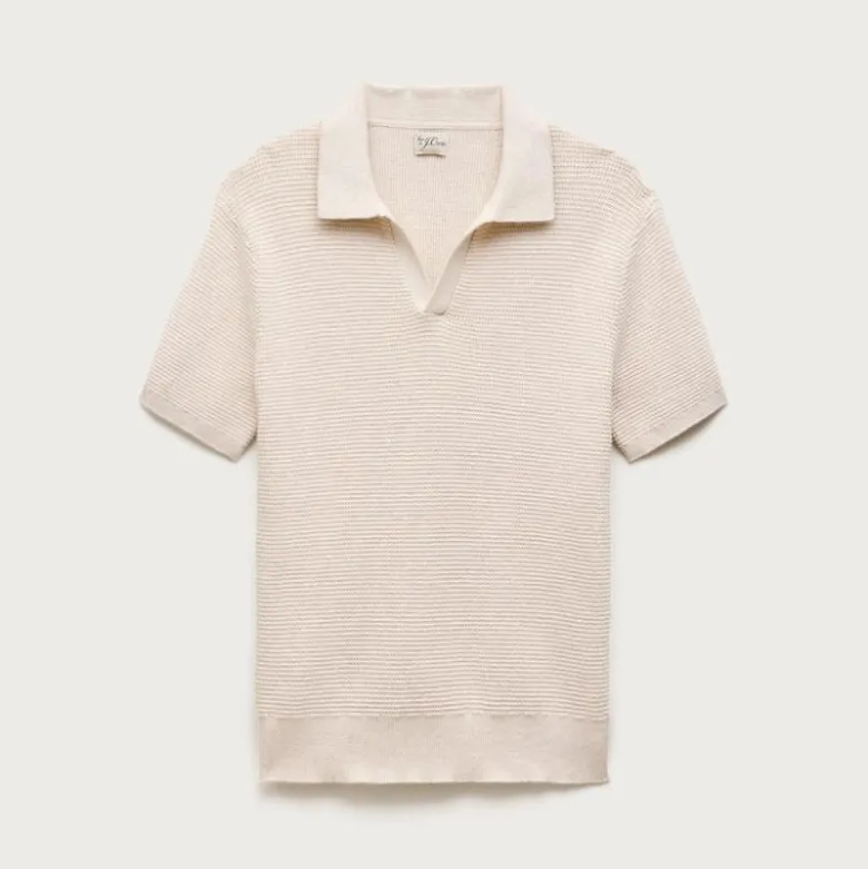 Short-sleeve cotton waffle-knit johnny-collar sweater-polo