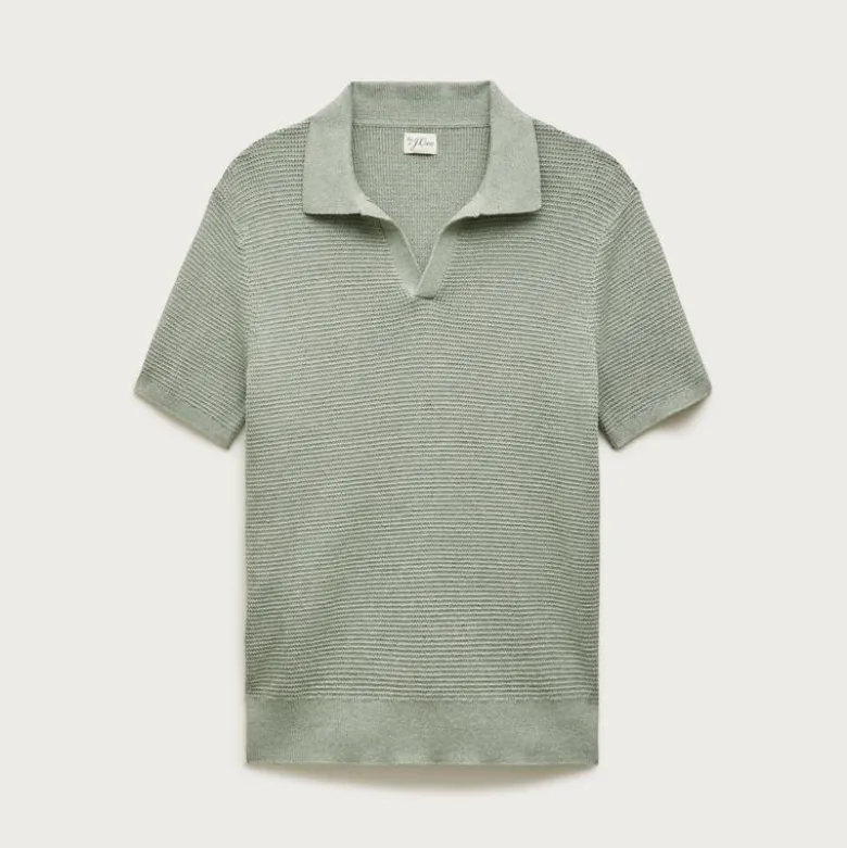 Short-sleeve cotton waffle-knit johnny-collar sweater-polo