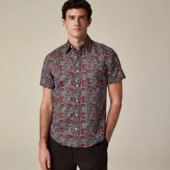 Short-sleeve cotton-linen blend shirt in print