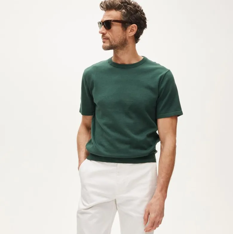 Short-sleeve crewneck sweater in Pima cotton