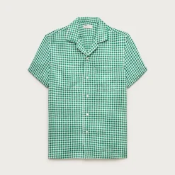 Short-sleeve linen camp-collar shirt in gingham