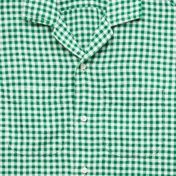 Short-sleeve linen camp-collar shirt in gingham