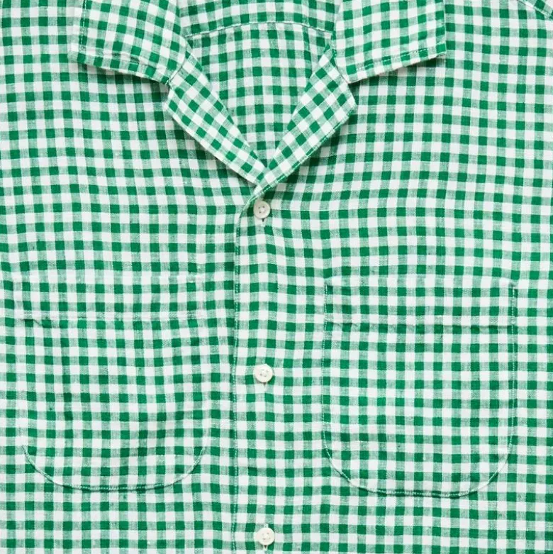 Short-sleeve linen camp-collar shirt in gingham