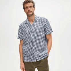 Short-sleeve linen camp-collar shirt in gingham