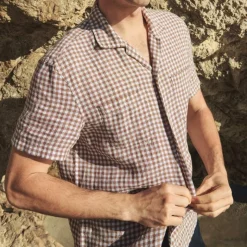 Short-sleeve linen camp-collar shirt in gingham