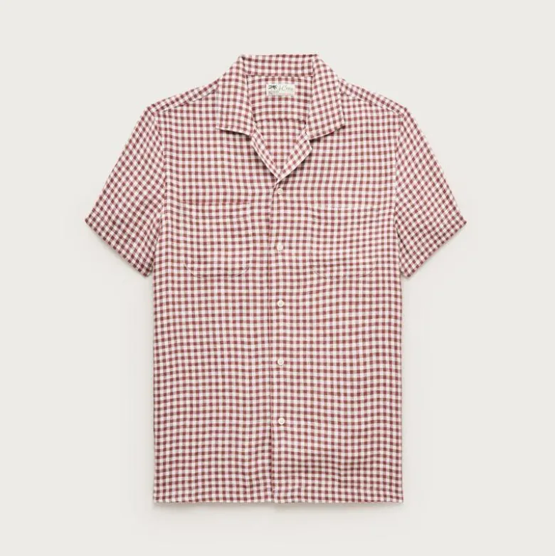 Short-sleeve linen camp-collar shirt in gingham