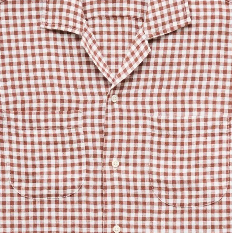 Short-sleeve linen camp-collar shirt in gingham