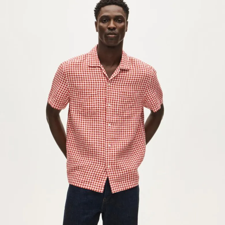 Short-sleeve linen camp-collar shirt in gingham