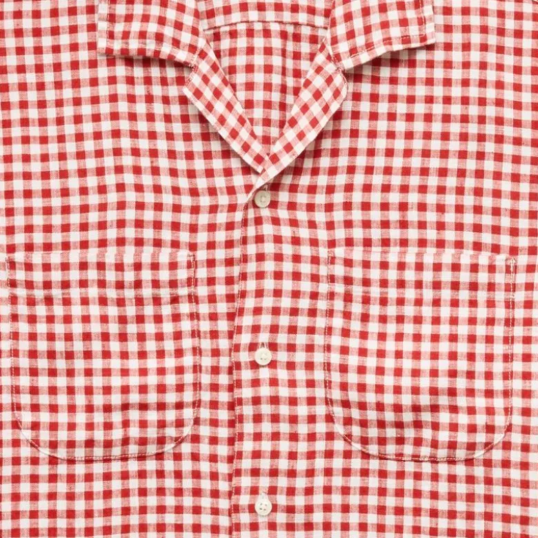 Short-sleeve linen camp-collar shirt in gingham