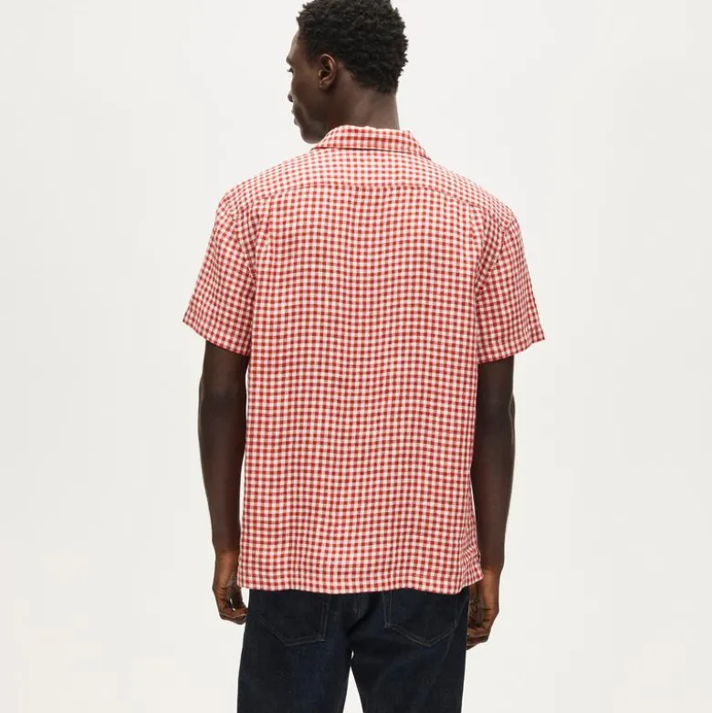 Short-sleeve linen camp-collar shirt in gingham
