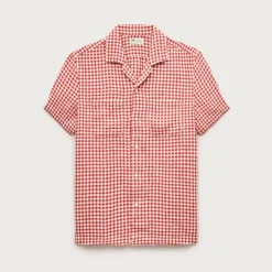 Short-sleeve linen camp-collar shirt in gingham