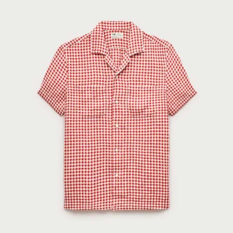 Short-sleeve linen camp-collar shirt in gingham