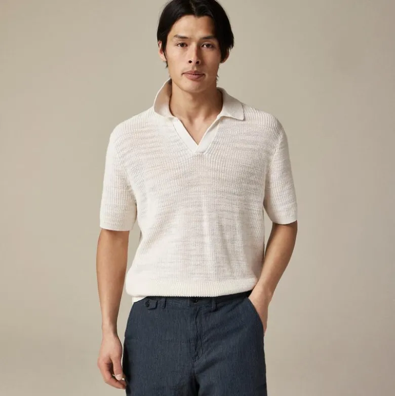 Short-sleeve linen-cotton blend johnny-collar sweater-polo