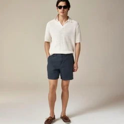 Short-sleeve linen-cotton blend johnny-collar sweater-polo