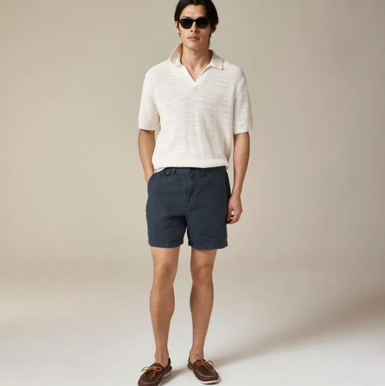 Short-sleeve linen-cotton blend johnny-collar sweater-polo