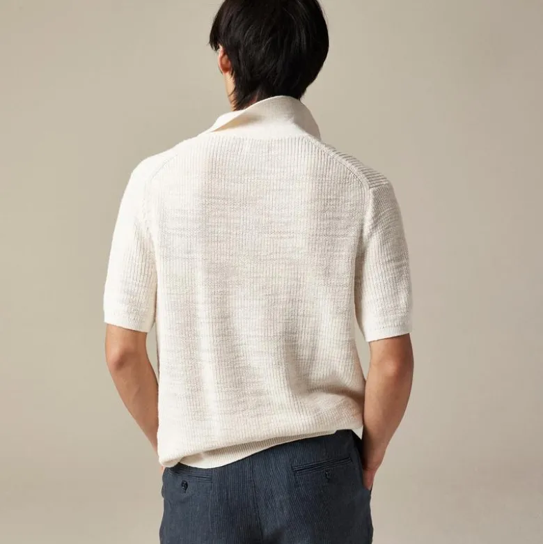 Short-sleeve linen-cotton blend johnny-collar sweater-polo
