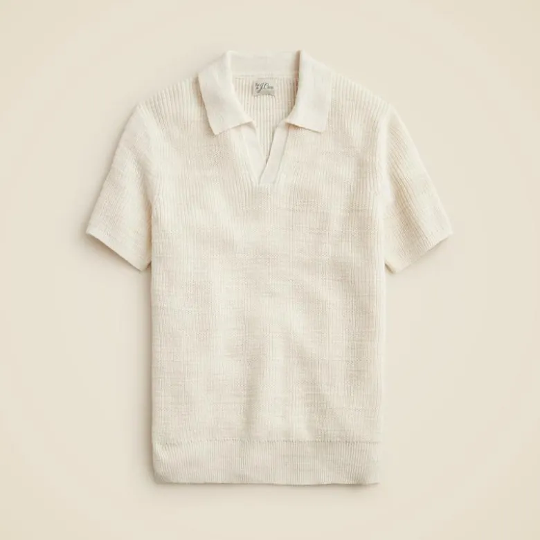 Short-sleeve linen-cotton blend johnny-collar sweater-polo