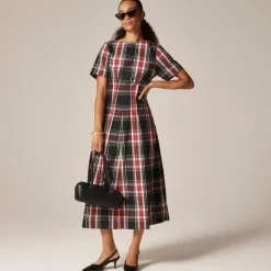 Short-sleeve midi dress in tartan cotton blend