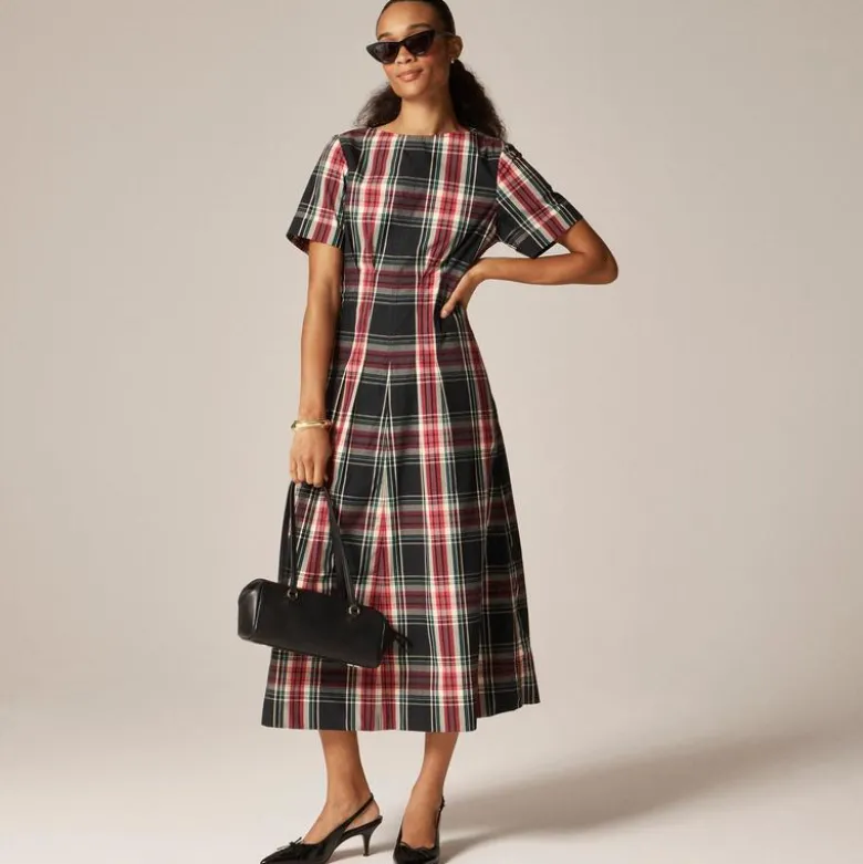 Short-sleeve midi dress in tartan cotton blend