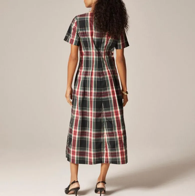Short-sleeve midi dress in tartan cotton blend