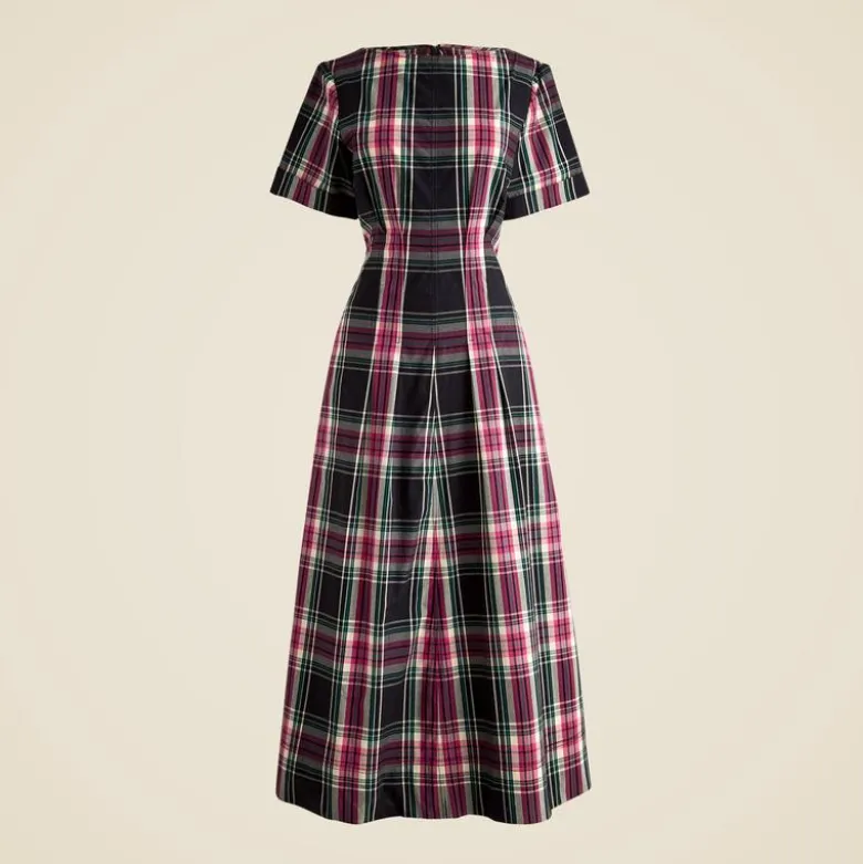 Short-sleeve midi dress in tartan cotton blend