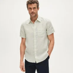 Short-sleeve point-collar linen shirt in stripe