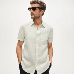 Short-sleeve point-collar linen shirt in stripe