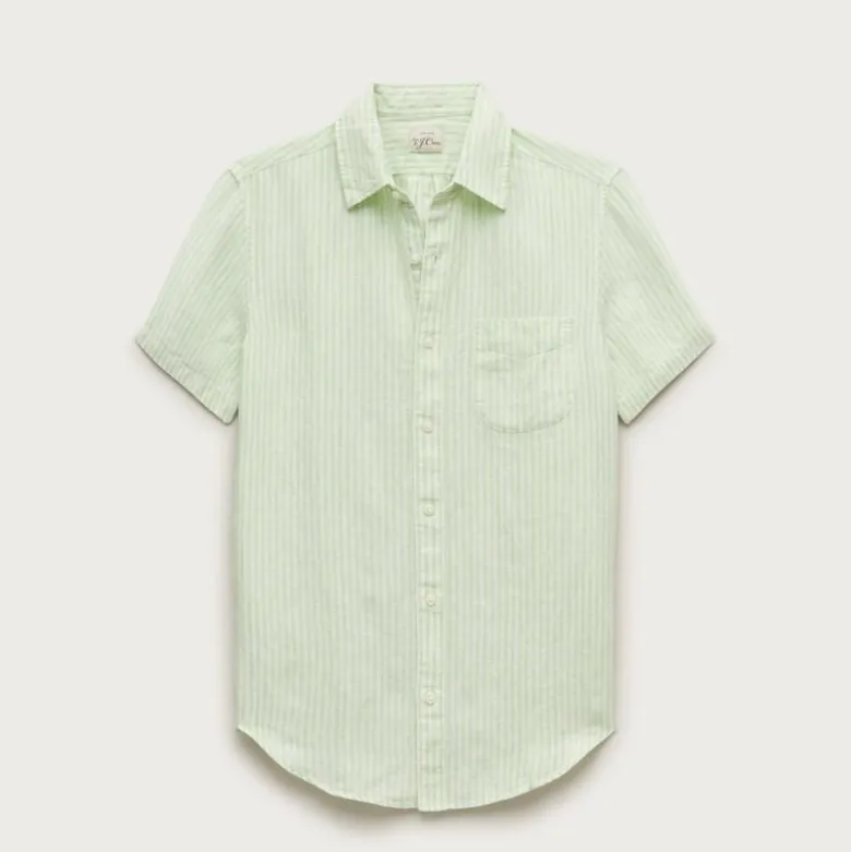 Short-sleeve point-collar linen shirt in stripe